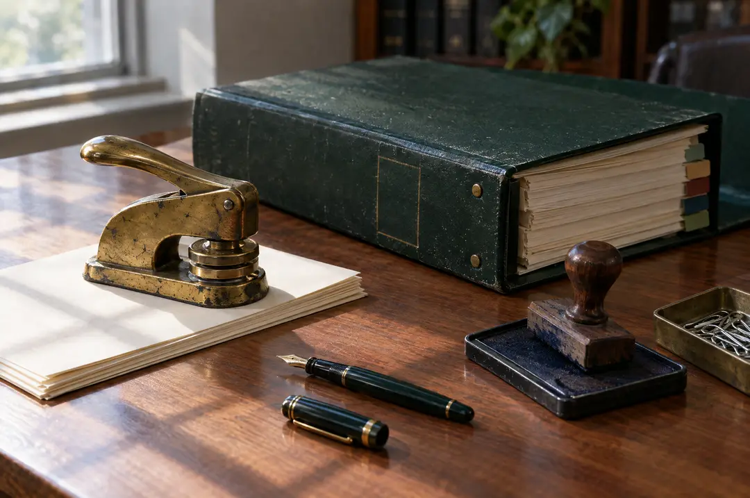 A corporate records binder, brass seal press and fountain pen on a walnut desk