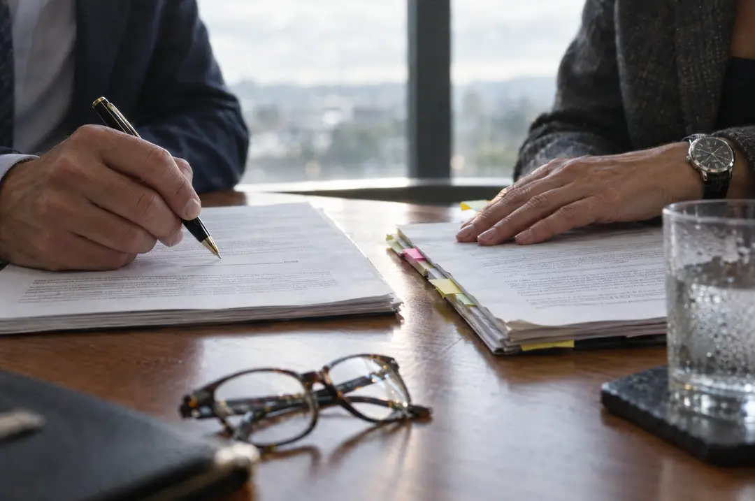 Two people reviewing a vendor contract with a pen over the signature line