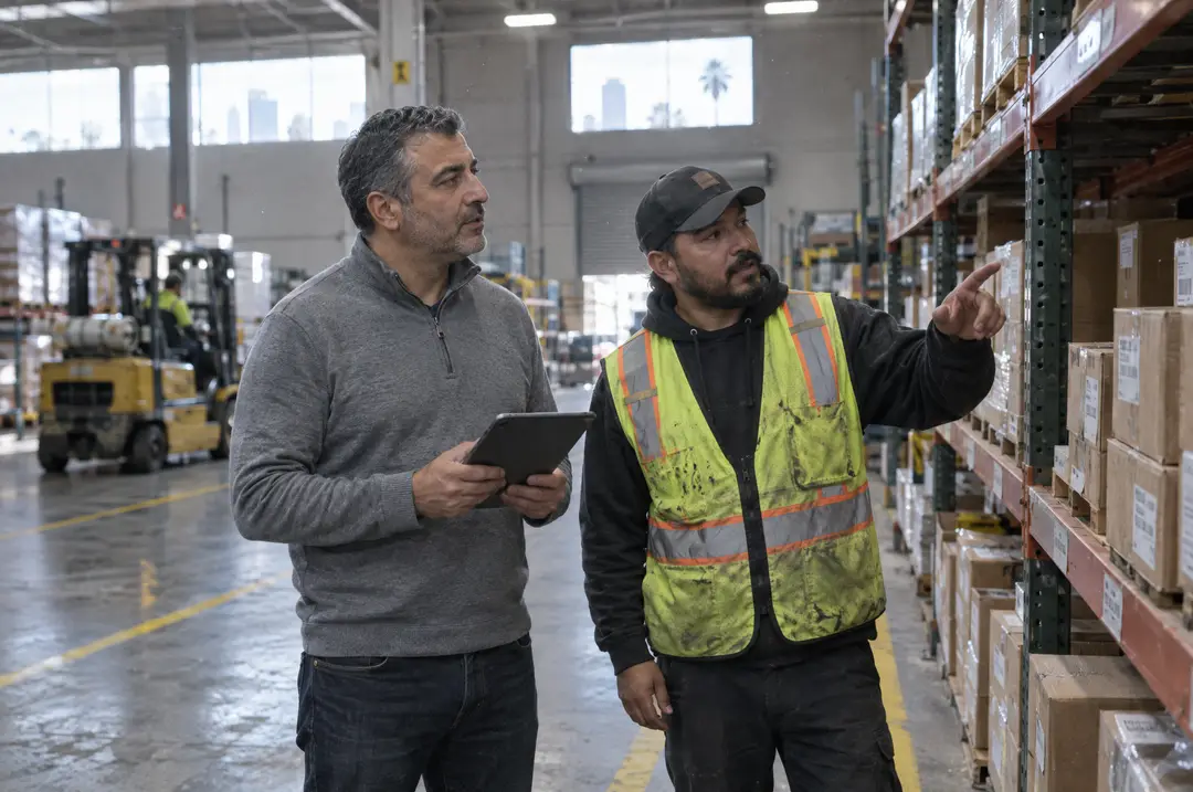 An operations executive with a tablet talking with a shift foreman inside a warehouse