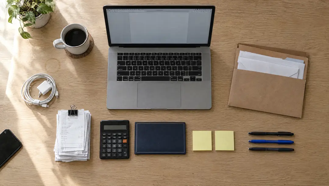The same desk organized, with sorted receipts, filed envelopes and an open laptop