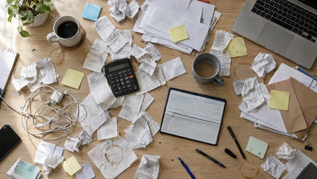 A cluttered desk covered in loose receipts, envelopes and sticky notes