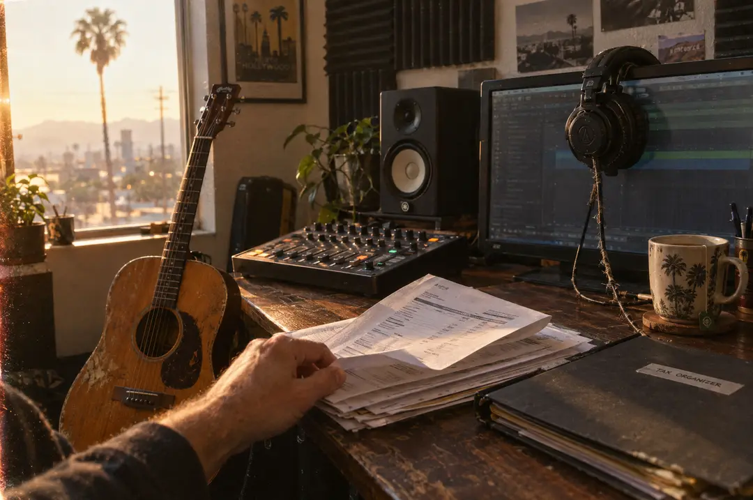 A musician’s home studio desk with a guitar, headphones and a stack of royalty statements