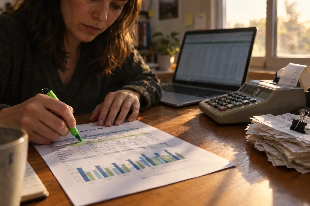 A woman highlighting a printed cash-flow report beside a desktop calculator and receipts