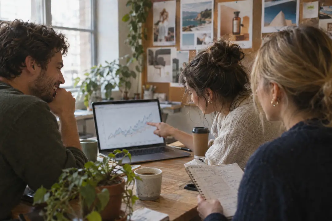 Three colleagues around a laptop reviewing a chart in a small creative office