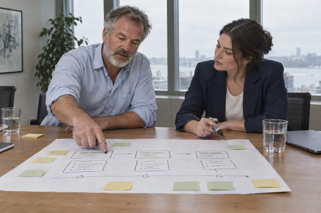 Two people planning at a table with a roadmap