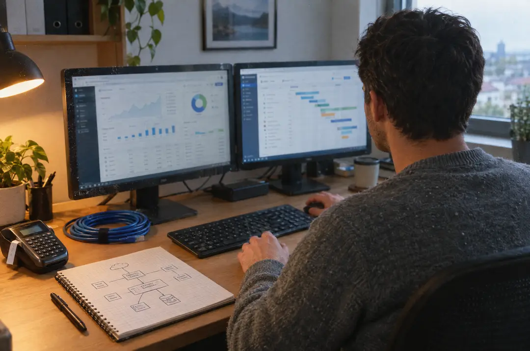 A person configuring business software across two monitors in a small office