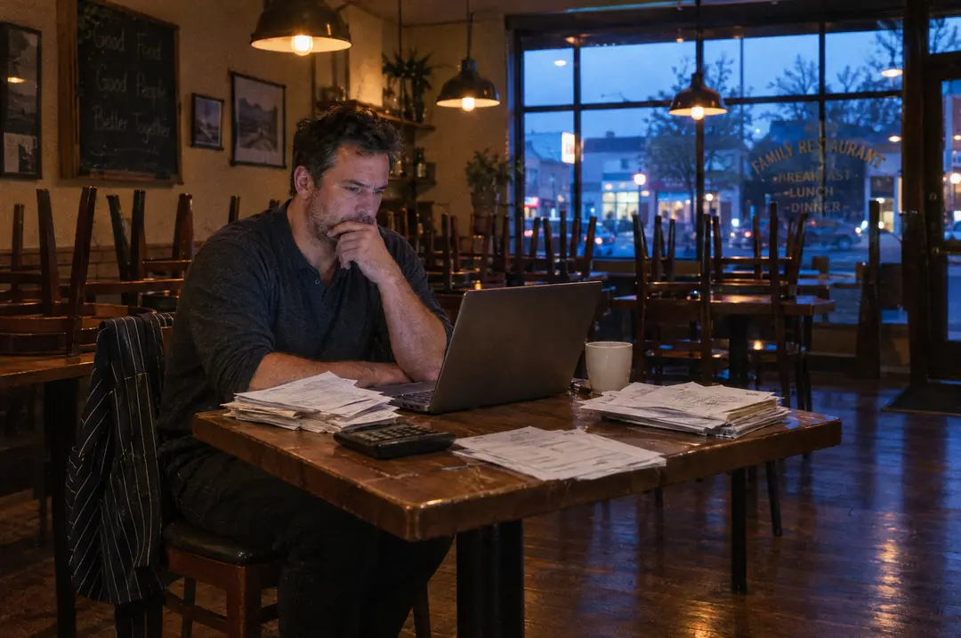 A restaurant owner reviewing invoices at a table after closing time